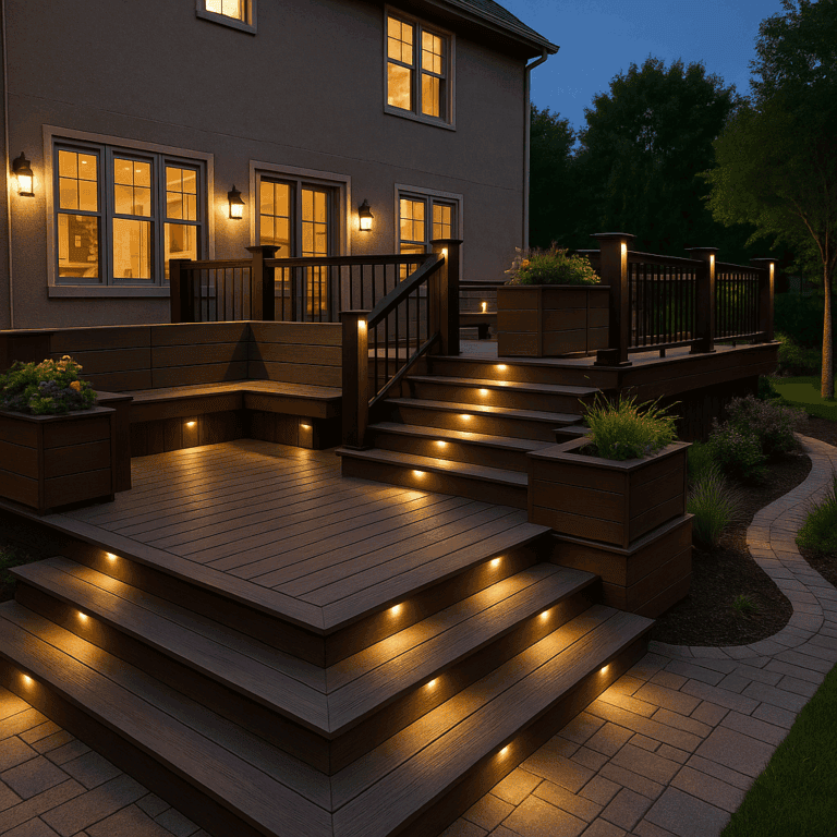 Multi-level Trex deck at night with built-in seating, all-season lighting, and planter railings